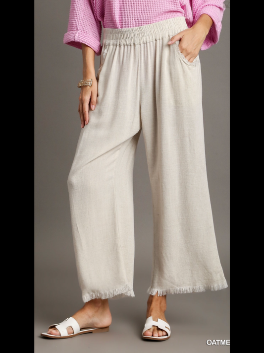 Umgee Wide Leg Crop Linen Pants Plus Size