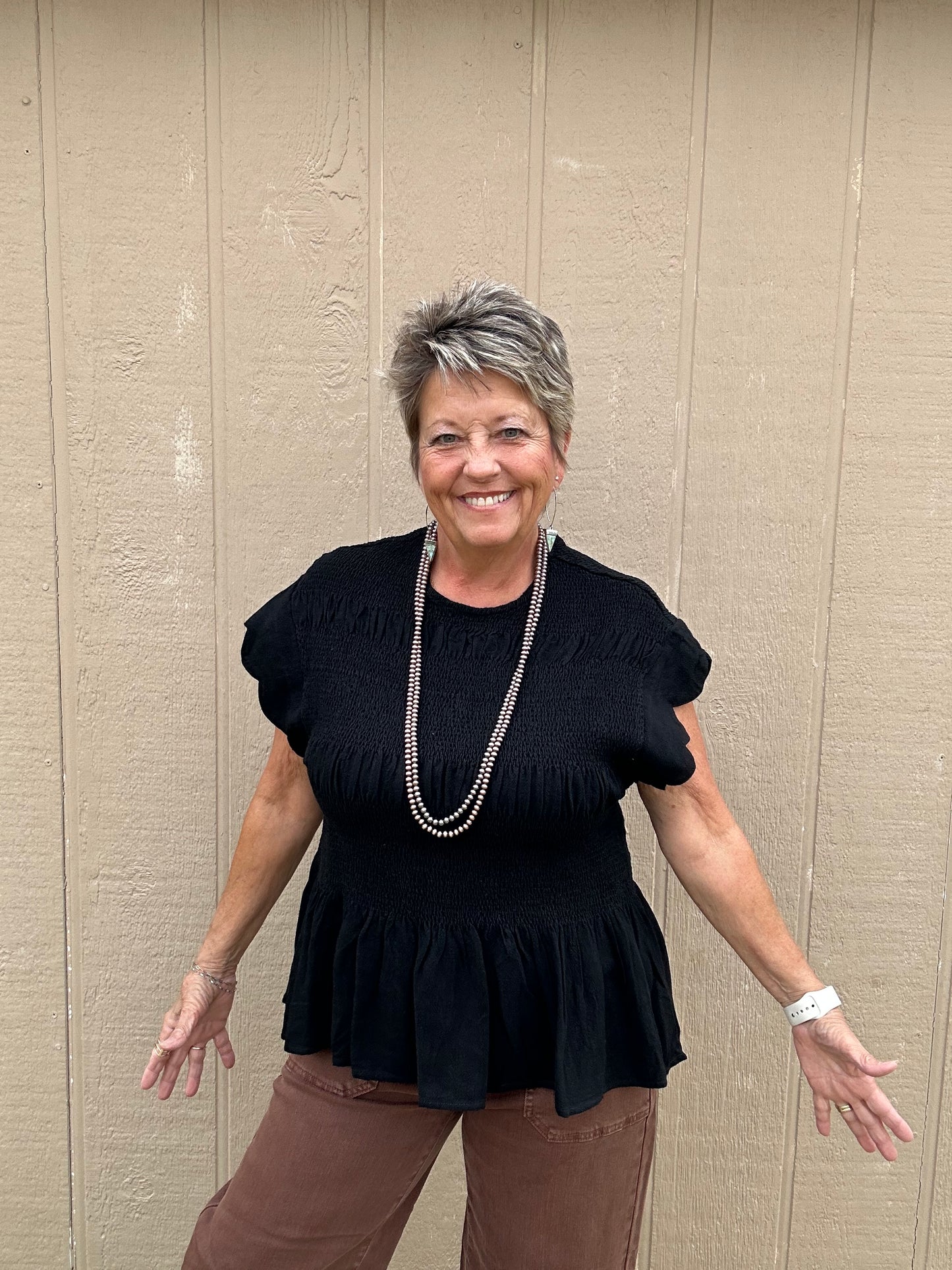 Umgee Scalloped Sleeve Smocked Top