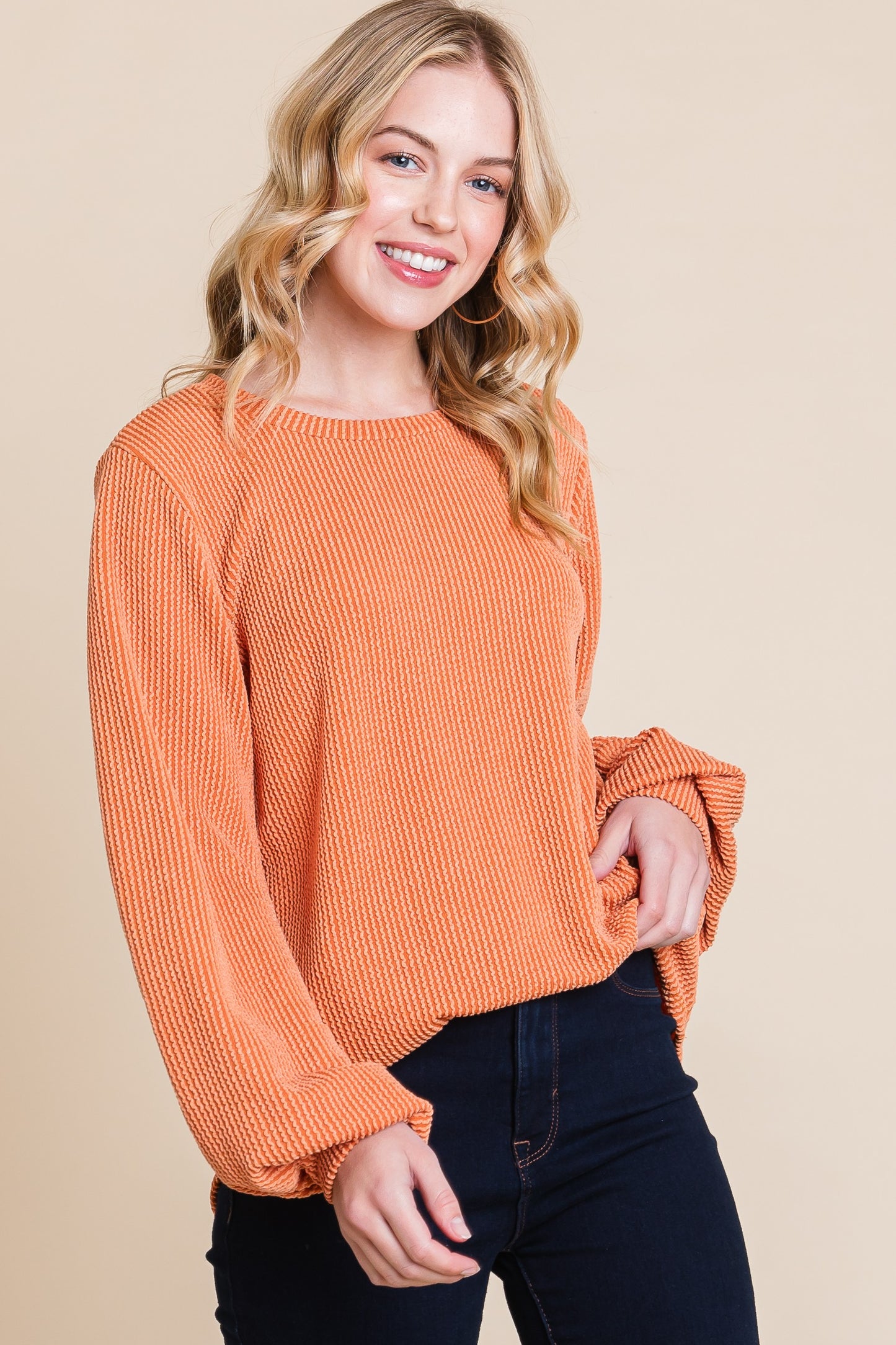 Bubble Sleeve Ribbed Long Sleeve