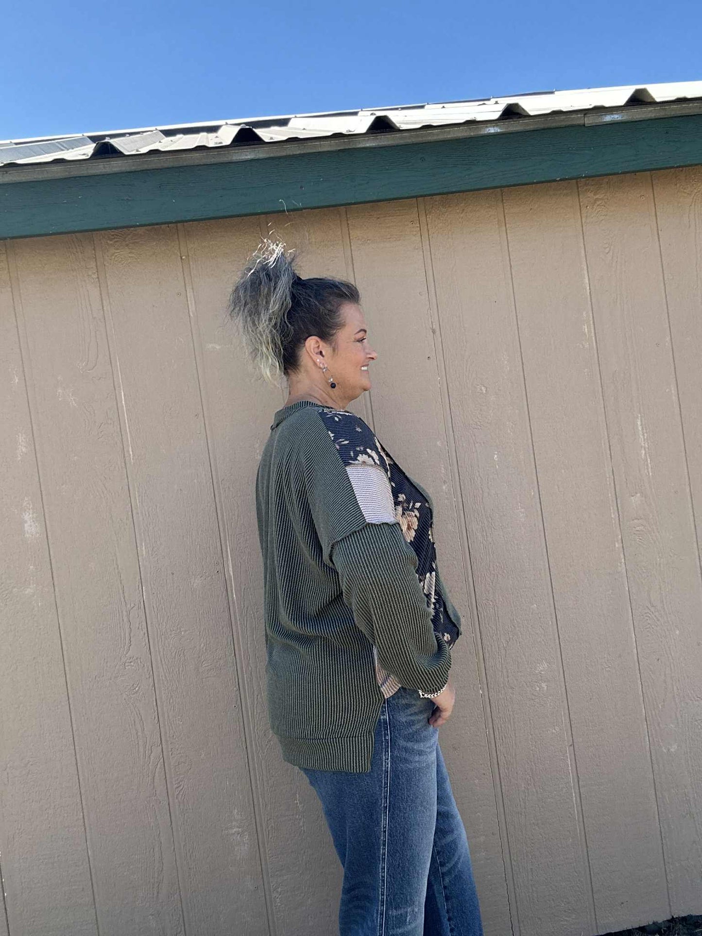 Ribbed Floral Long Sleeve Top Plus Size