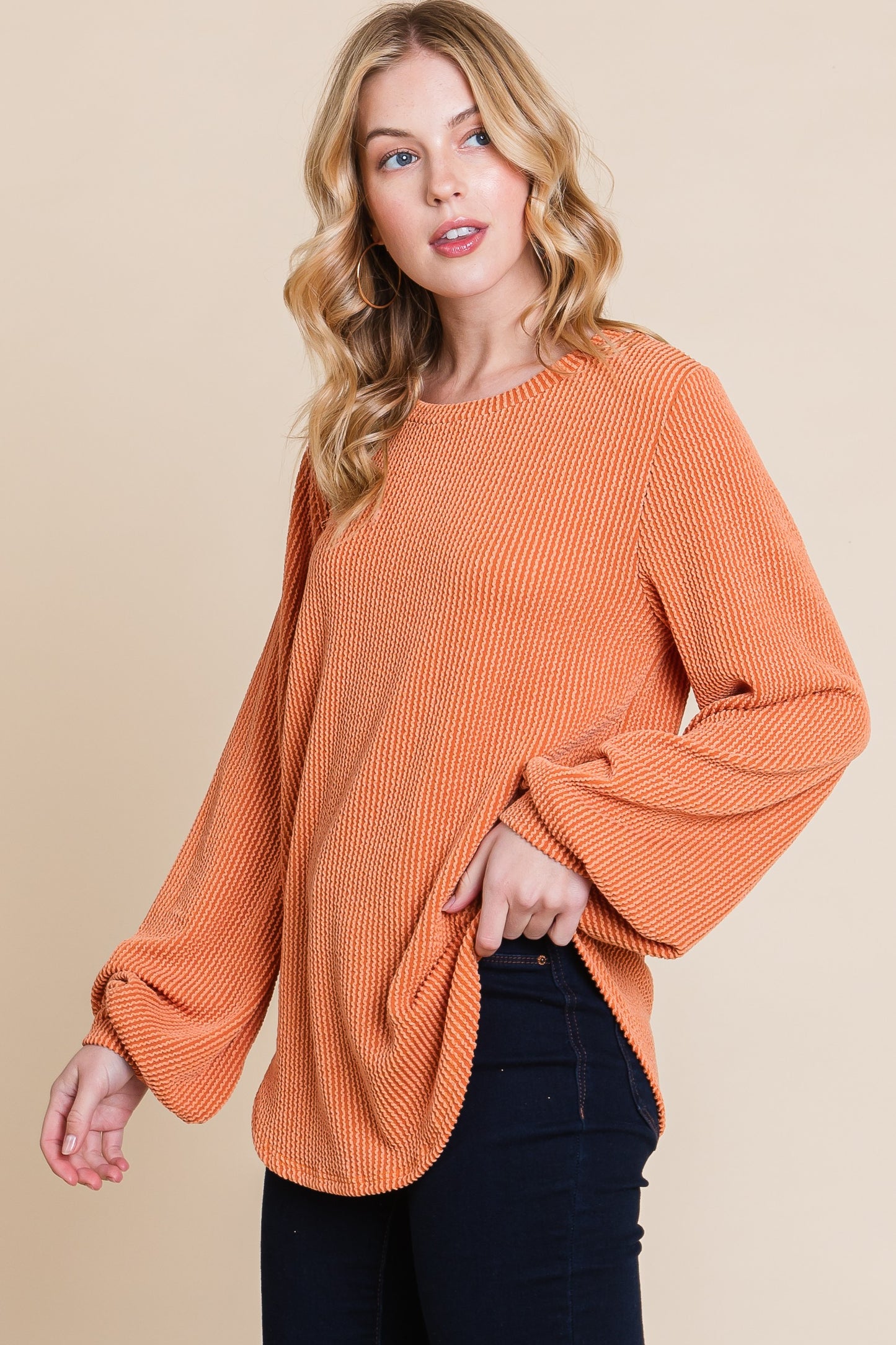 Bubble Sleeve Ribbed Long Sleeve
