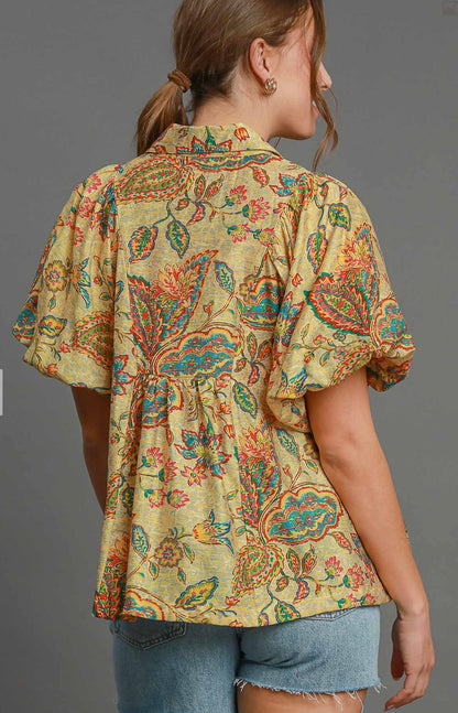 Umgee Bubble Sleeve Blouse *Patterned