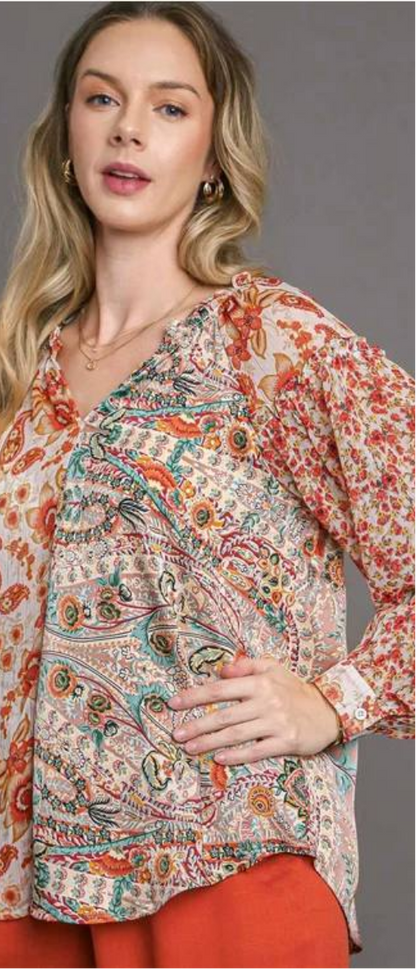 Mix Print Long Sleeve Top