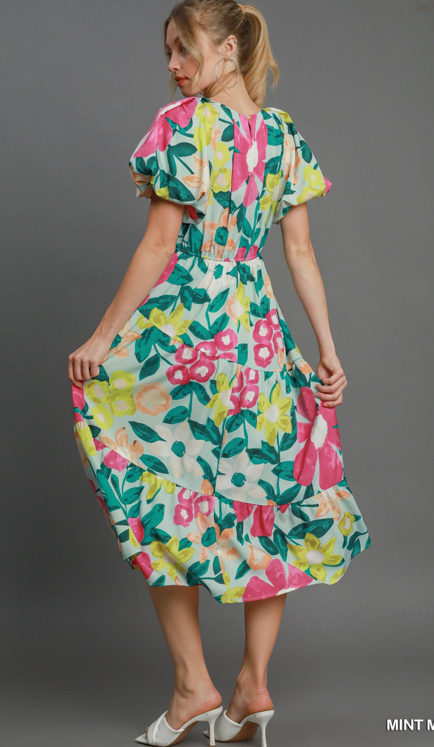 Umgee Floral Bubble Sleeve Midi Dress