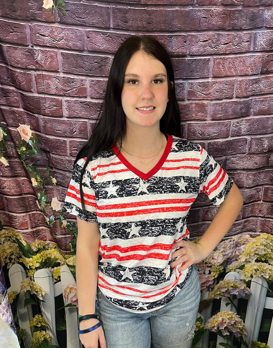 V Neck Red, White, and Blue Tee Reg and Plus