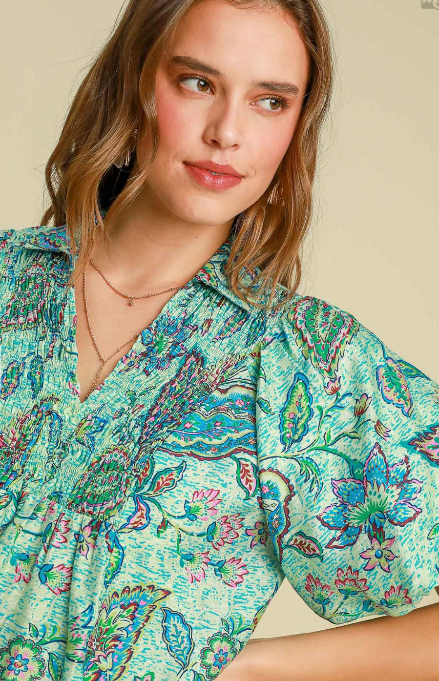 Umgee Bubble Sleeve Blouse *Patterned