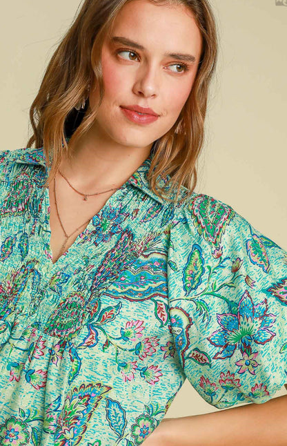 Umgee Bubble Sleeve Blouse *Patterned