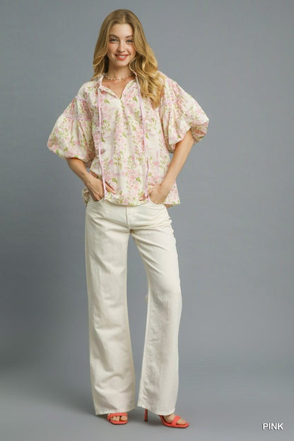 Floral Puff Sleeve Peplum Blouse