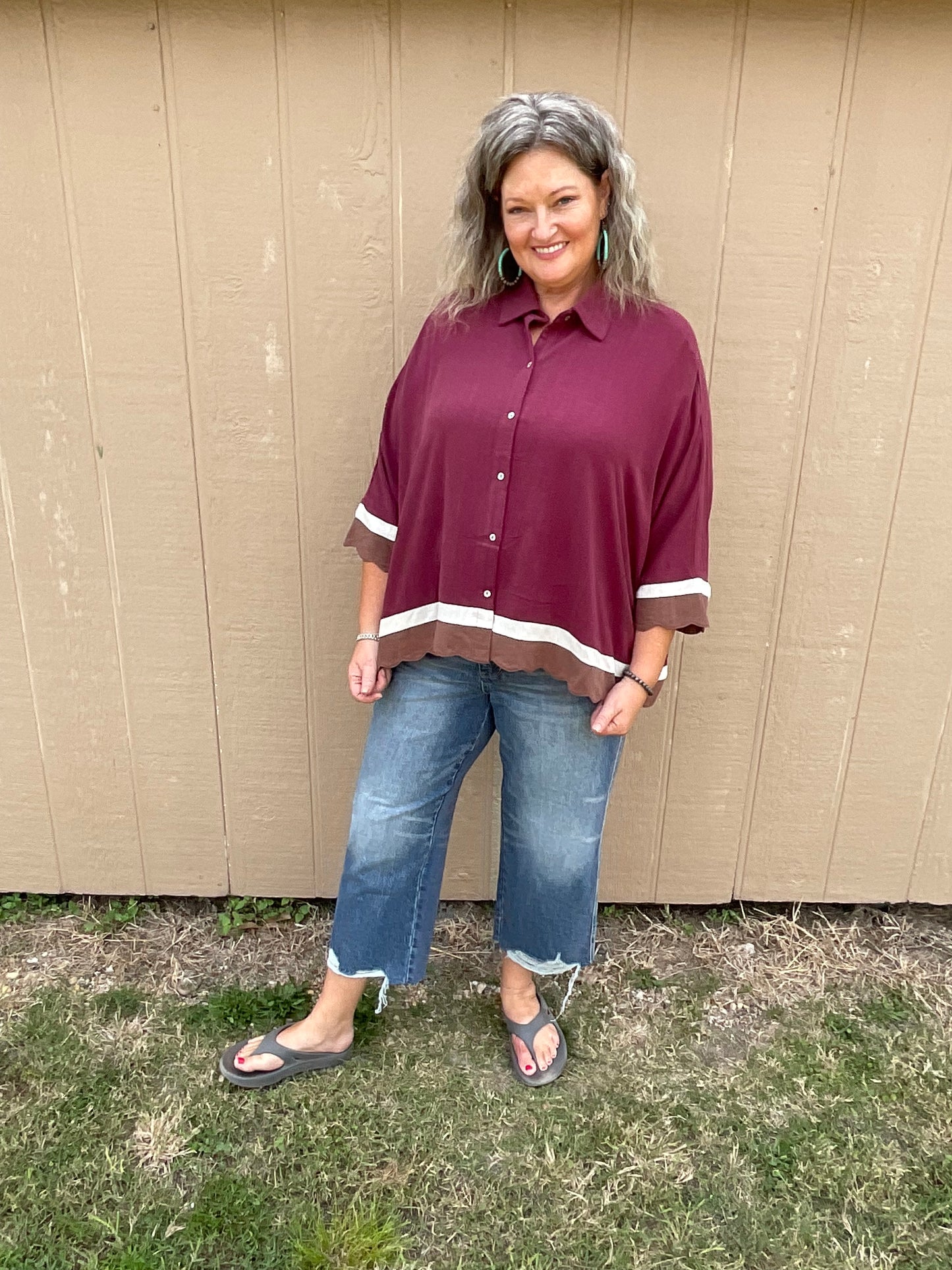 Umgee Colorblock Button Up Top Plus Size
