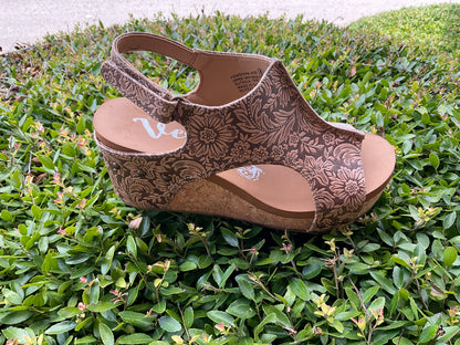 Very G Tooled Leather Wedge Sandals