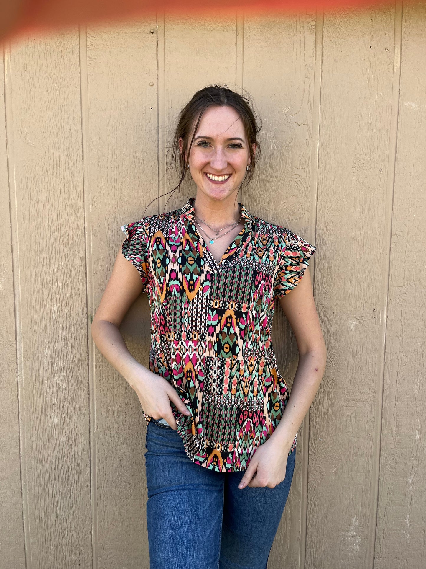 Ruffle Sleeve Printed Top