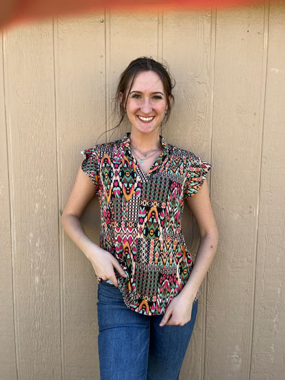 Ruffle Sleeve Printed Top