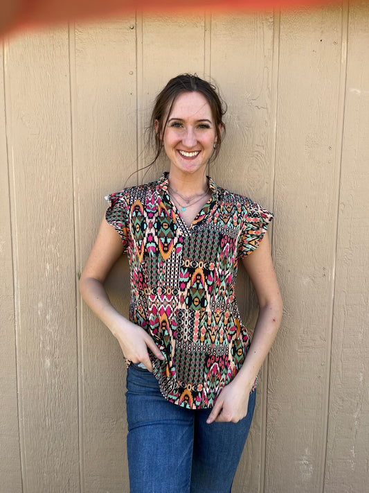 Ruffle Sleeve Printed Top