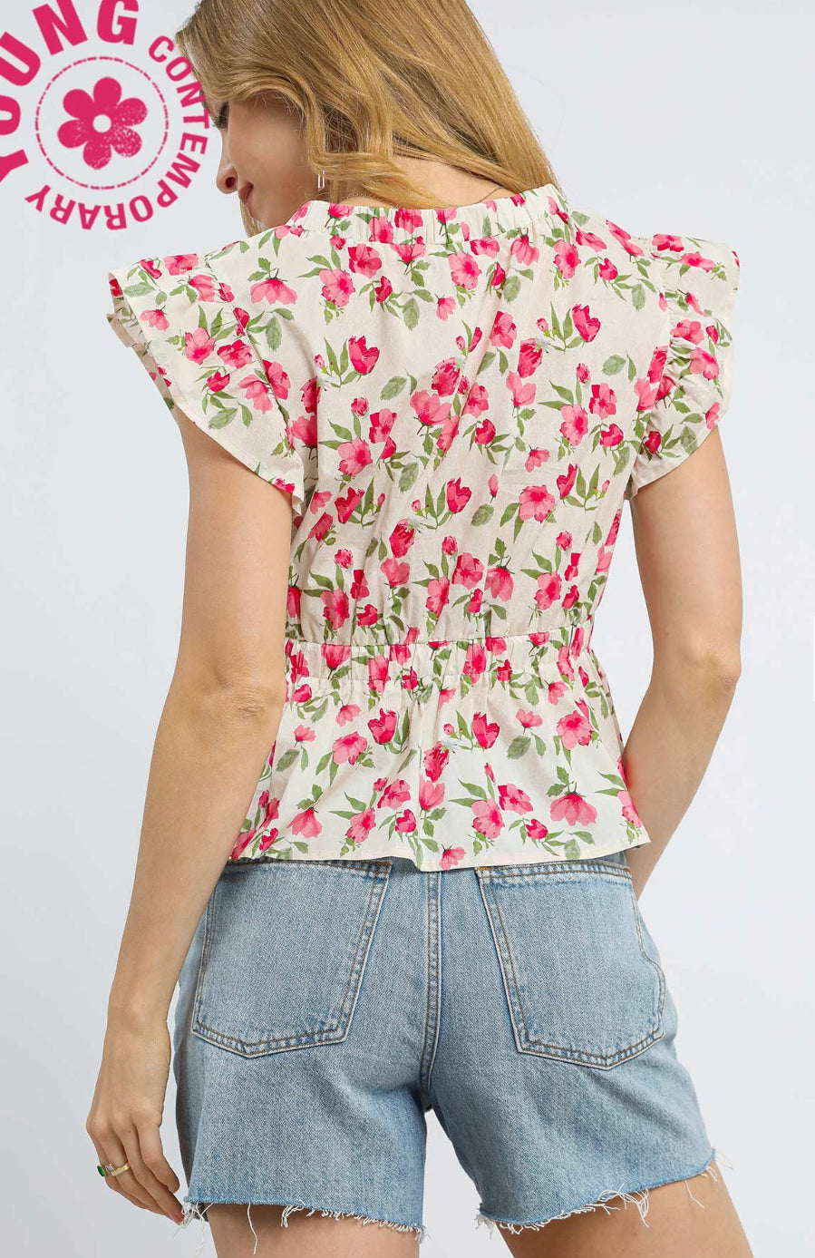 Umgee Floral Peplum Top with Ruffle Sleeves