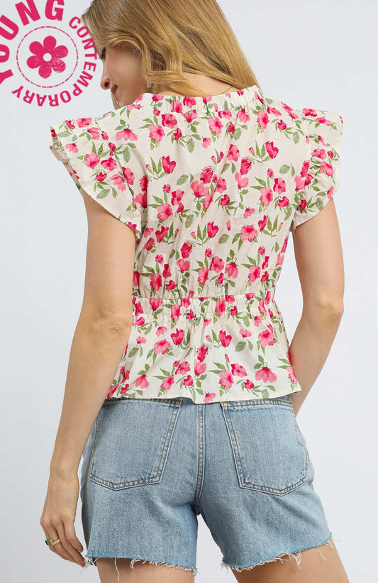 Umgee Floral Peplum Top with Ruffle Sleeves