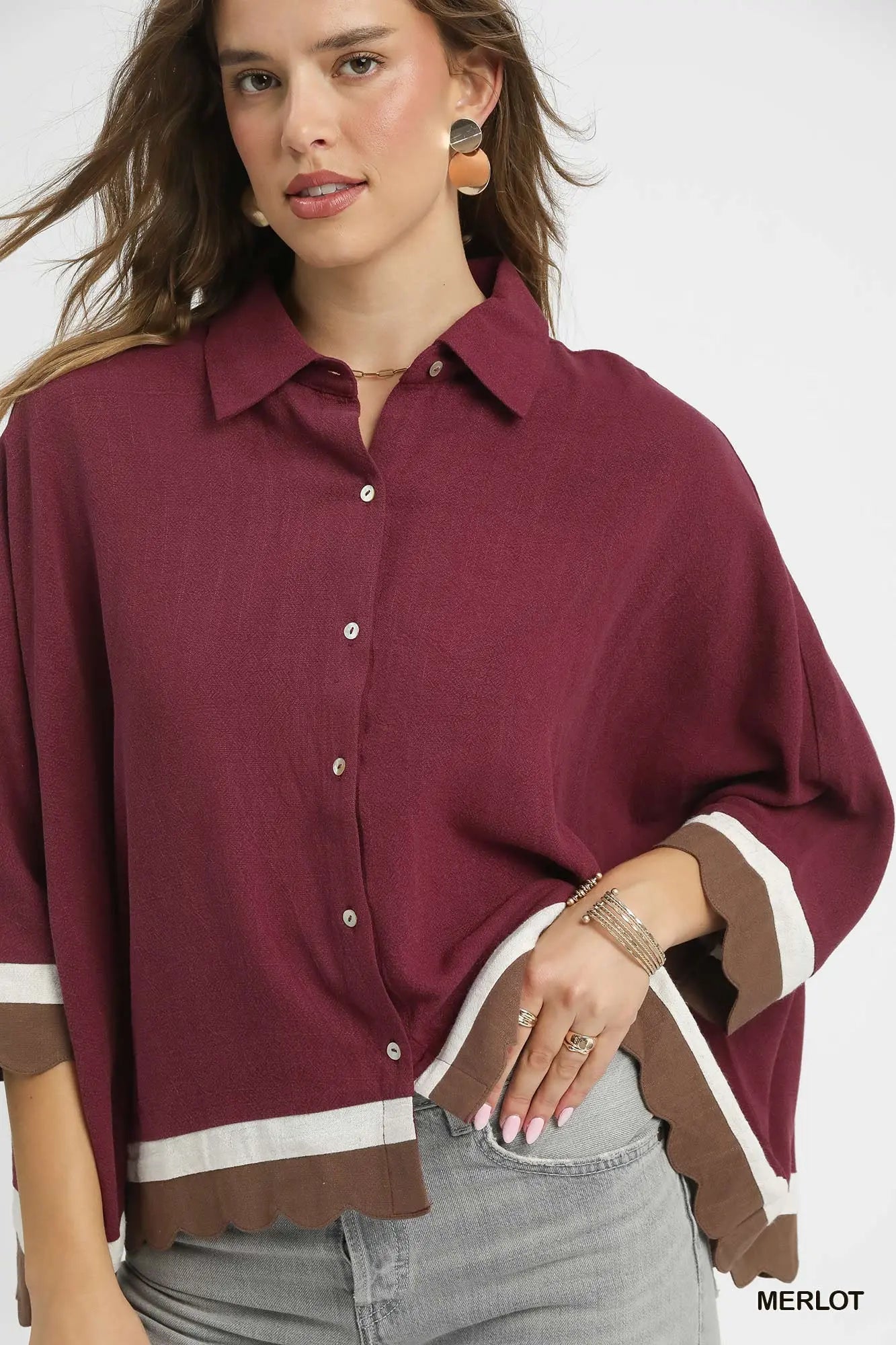 Umgee Colorblock Button Up Top Plus Size