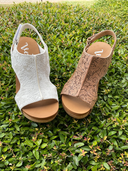 Very G Tooled Leather Wedge Sandals