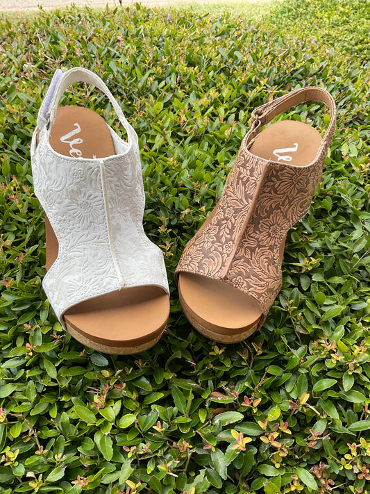Very G Tooled Leather Wedge Sandals