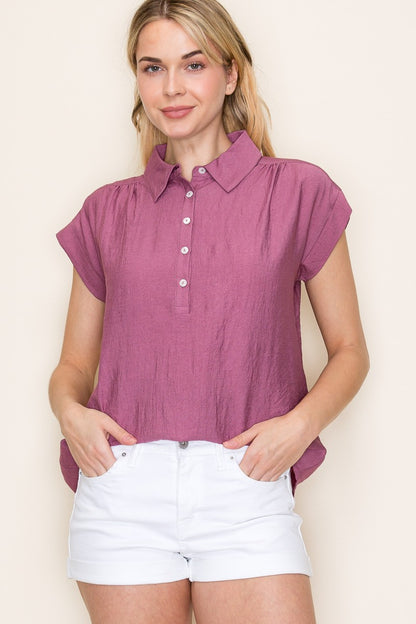 Short Sleeve Button Up Collared Top