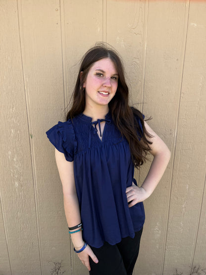Smocked Top with Front Tie & Flutter Sleeves