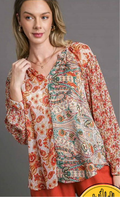 Mix Print Long Sleeve Top