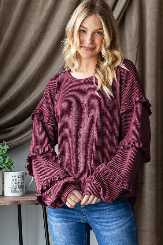 Ribbed Bubble Sleeve Ruffle Top