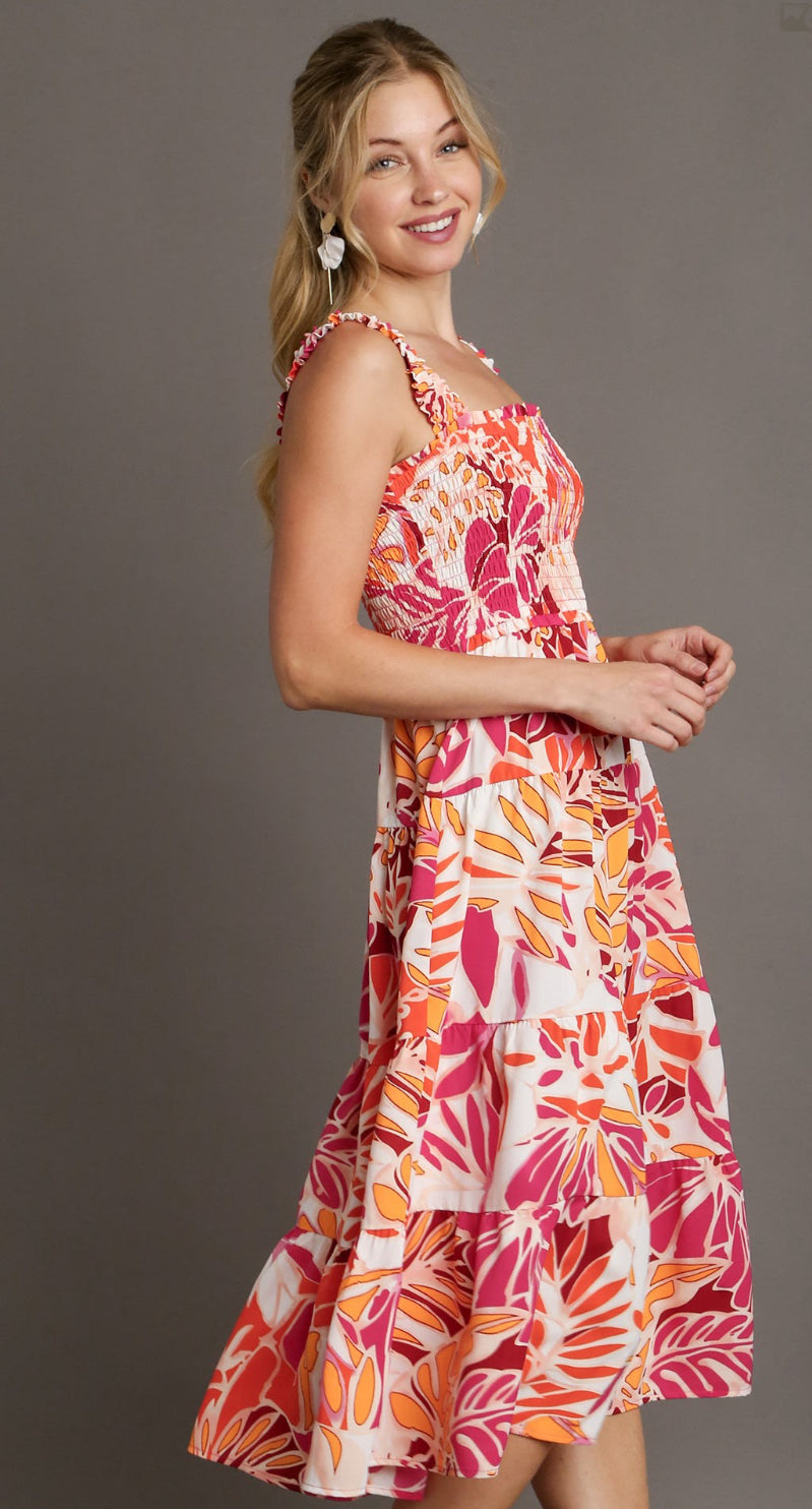 Tropical Print Smocked Tiered A-Line Dress