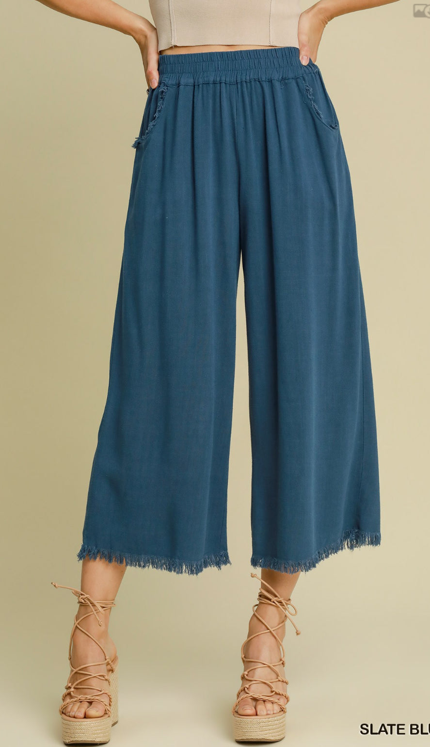 Umgee Wide Leg Crop Linen Pants