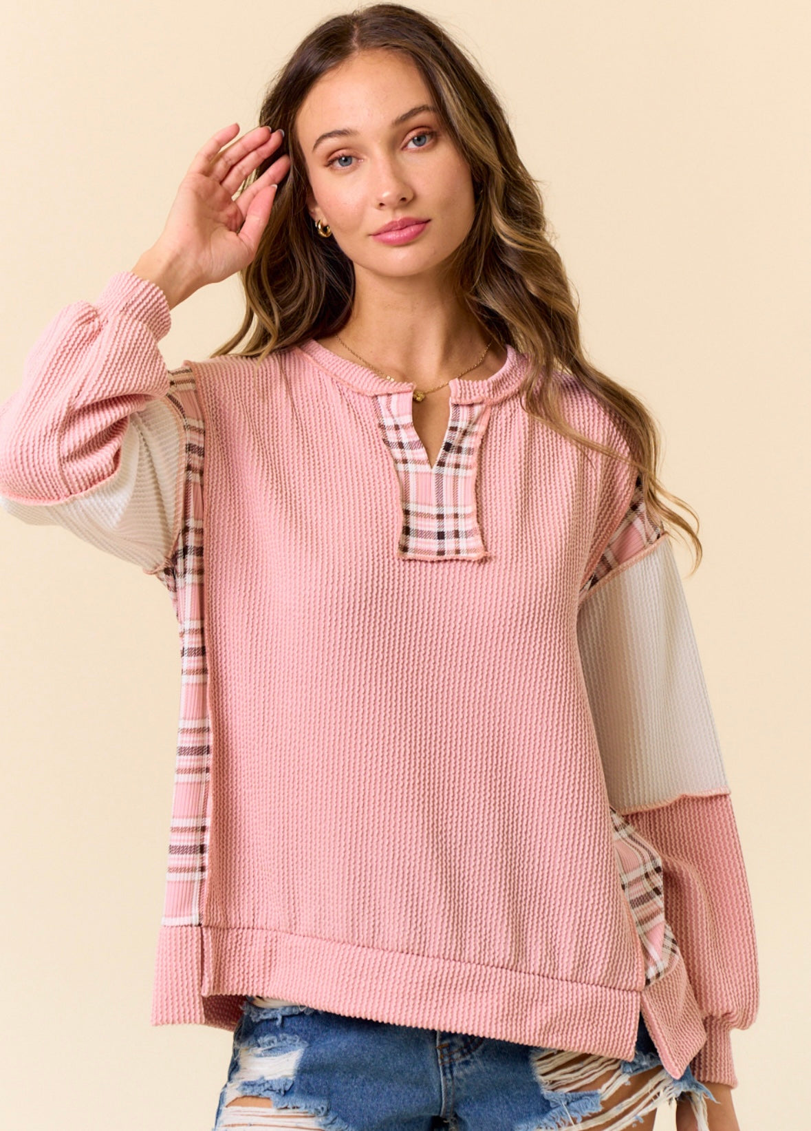 Lovely Melody Plaid Ribbed tops