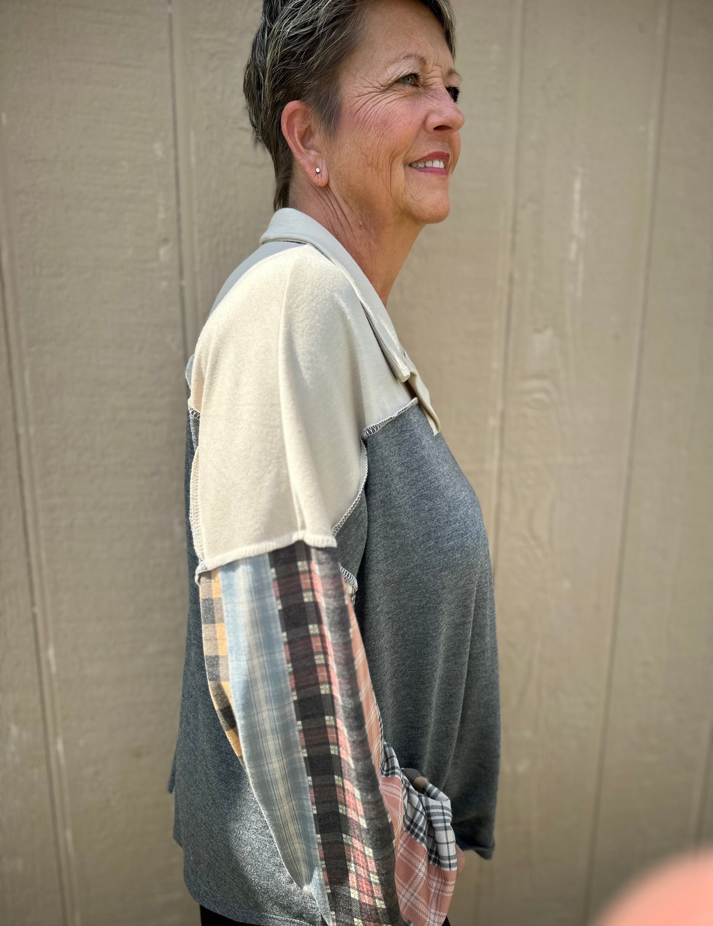 Haptics Plaid Patchwork top