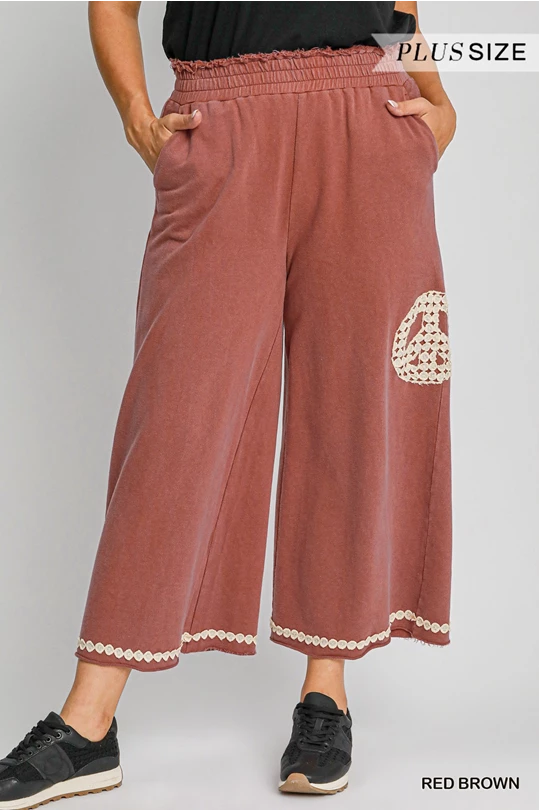 Umgee French Terry Peace Sign Pants Reg + Plus Size