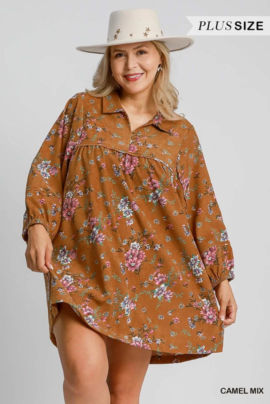 Umgee Floral Corduroy Midi Dress Plus Size