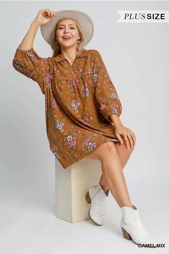 Umgee Floral Corduroy Midi Dress Plus Size