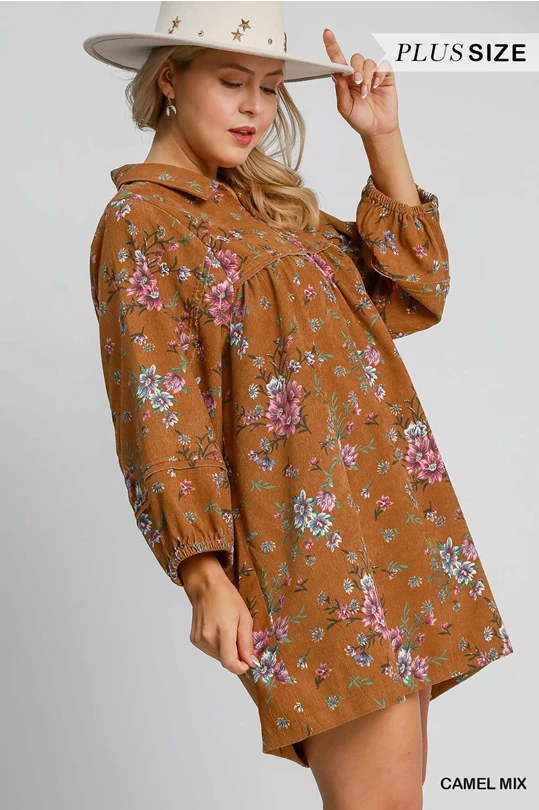 Umgee Floral Corduroy Midi Dress Plus Size