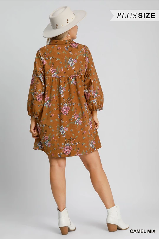 Umgee Floral Corduroy Midi Dress Plus Size