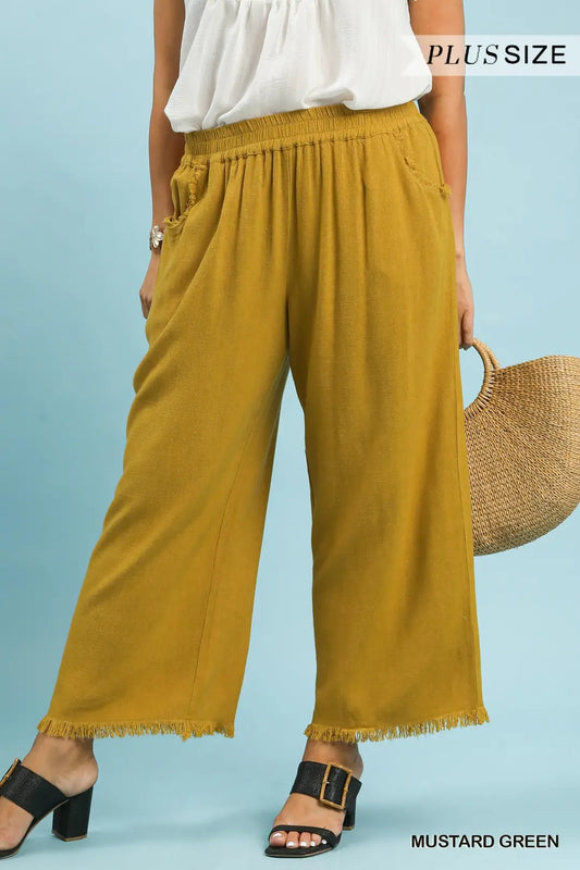 Umgee Wide Leg Crop Linen Pants Plus Size