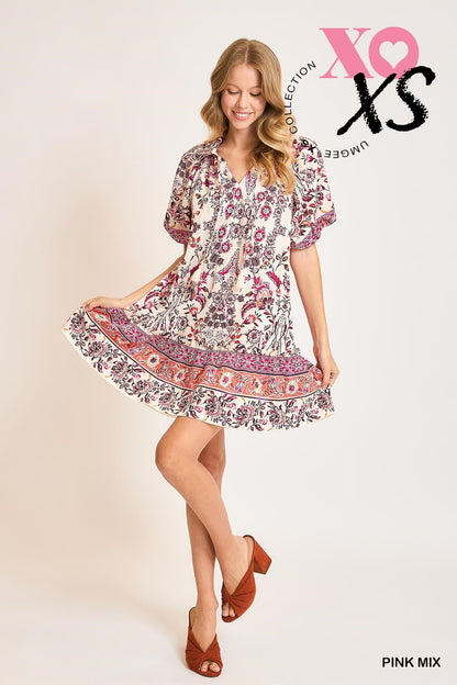 Umgee Boho Chic Black Mix Floral Mini Dress