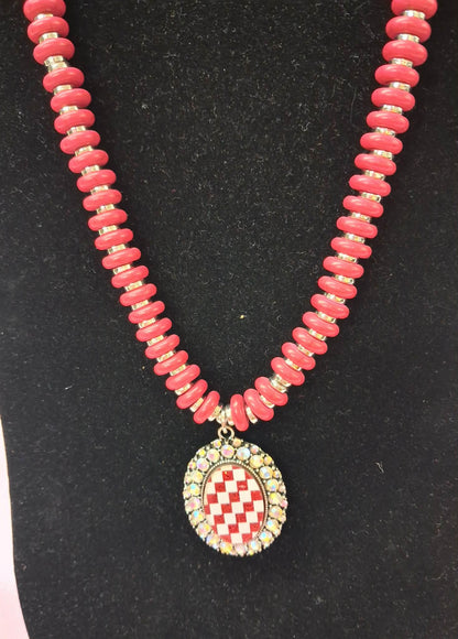 Silver Checked Pendant w/Rhinestones