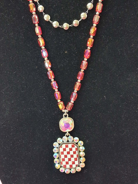 Iridescent Hues of Red Rhinestones & Checked Pendant