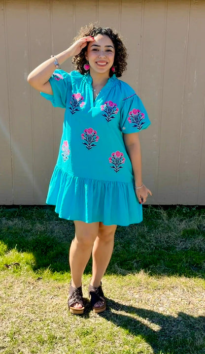 Umgee Boho floral Mini dress turquoise
