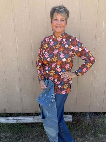 Sunshine & Rodeo Brown Multi Floral Mesh Top