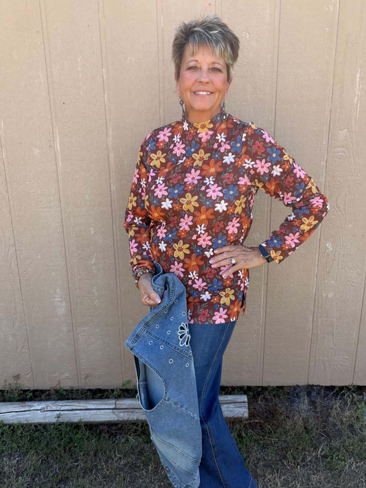 Sunshine & Rodeo Brown Multi Floral Mesh Top