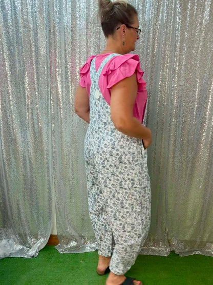 Oddi Washed Blue Floral Overalls Plus