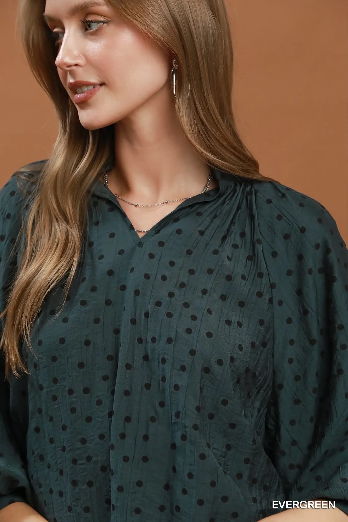 Umgee Polka Dot Textured Puff Sleeve Top
