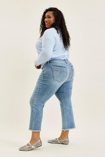 Judy Blue Mid Rise light wash kick flare PLUS