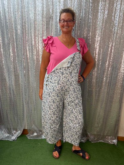 Oddi Washed Blue Floral Overalls Plus