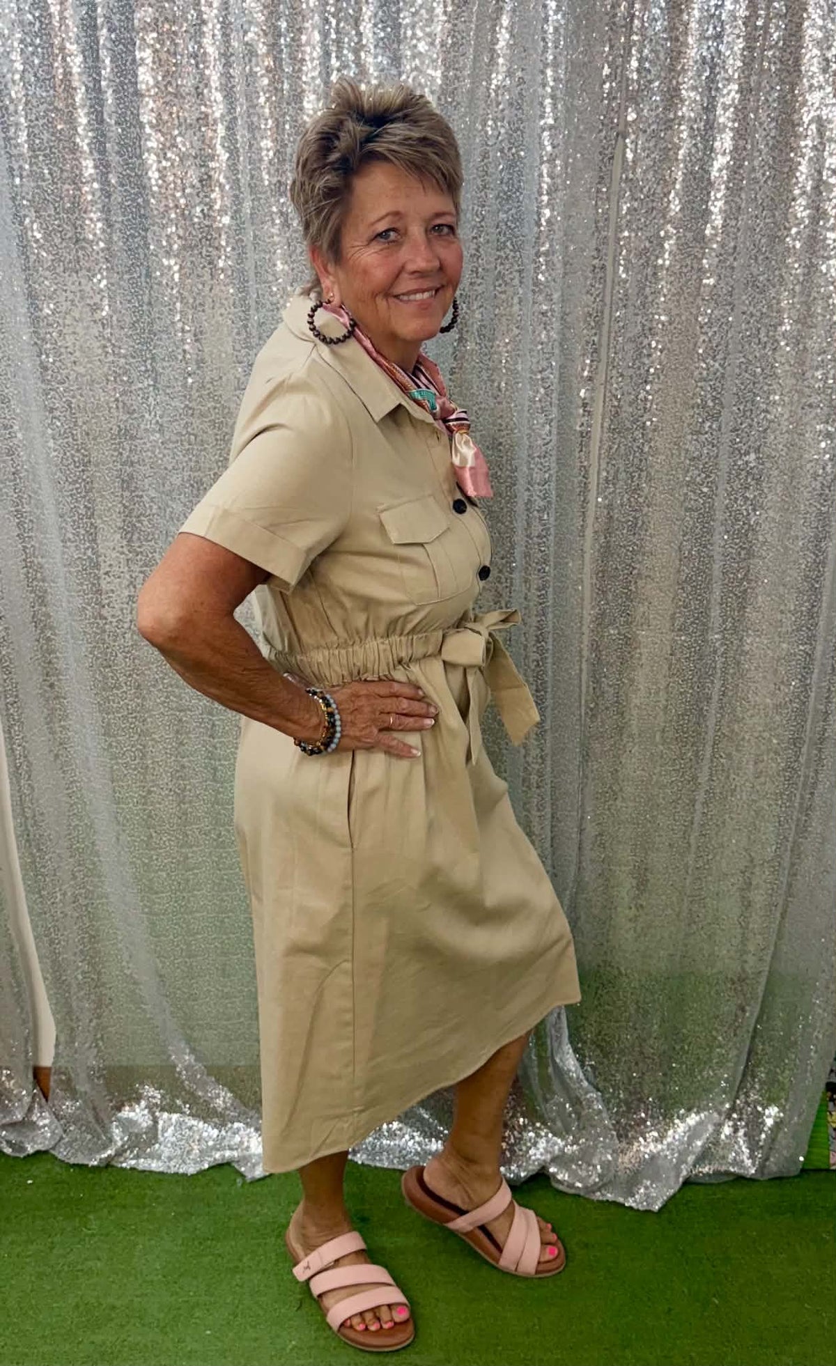 Flamingo tan belted dress