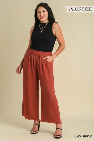 Umgee Wide Leg Crop Linen Pants Plus Size