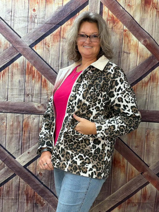 New Me Leopard zip up jean jacket