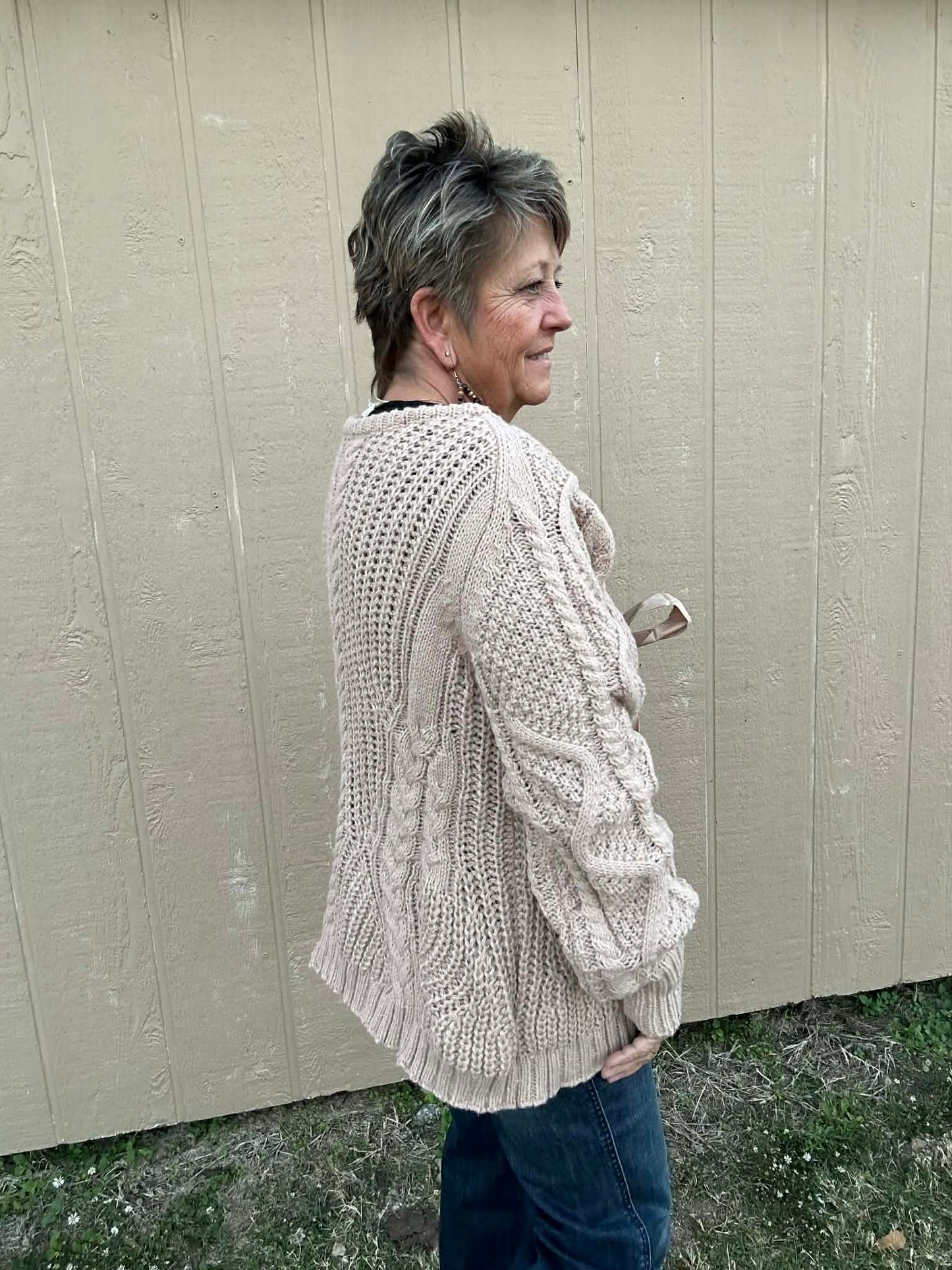 Crochet Taupe Sweater with Bow